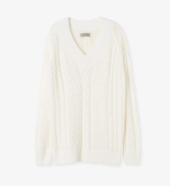 Μάξι Πουλόβερ από Μαλλί και Μοχέρ με Λαιμόκοψη V και Πλεξίδες Falconeri