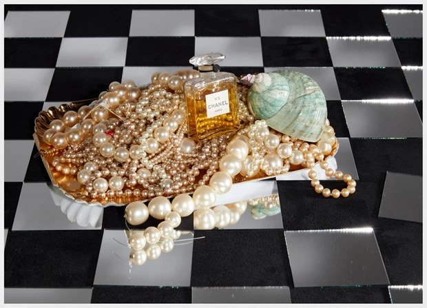 Chanel No 5 from 1924 on Tray of Pearls and Mirror Checkerboard, 2025