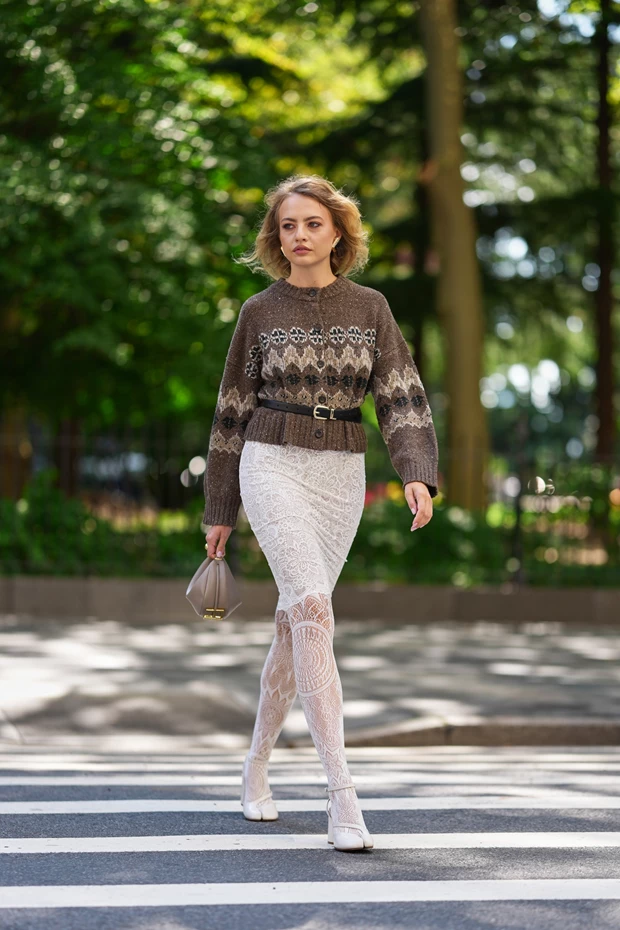 Γιορτινό ντύσιμο γραφείου με πλεκτή ζακέτα με σχέδια, δαντελένια midi φούστα και λευκό καλσόν, τάσεις μόδας 2025.