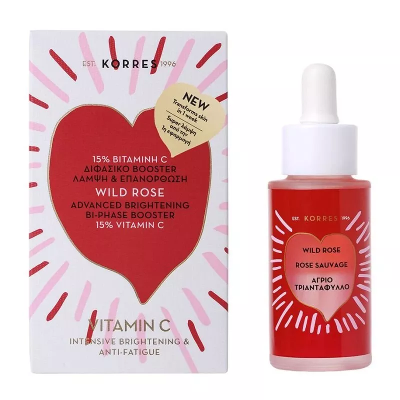 Διφασικό booster για λάμψη και επανόρθωση, Wild Rose Advanced Brightening Bi-Phase Booster, KORRES (στα φαρμακεία)