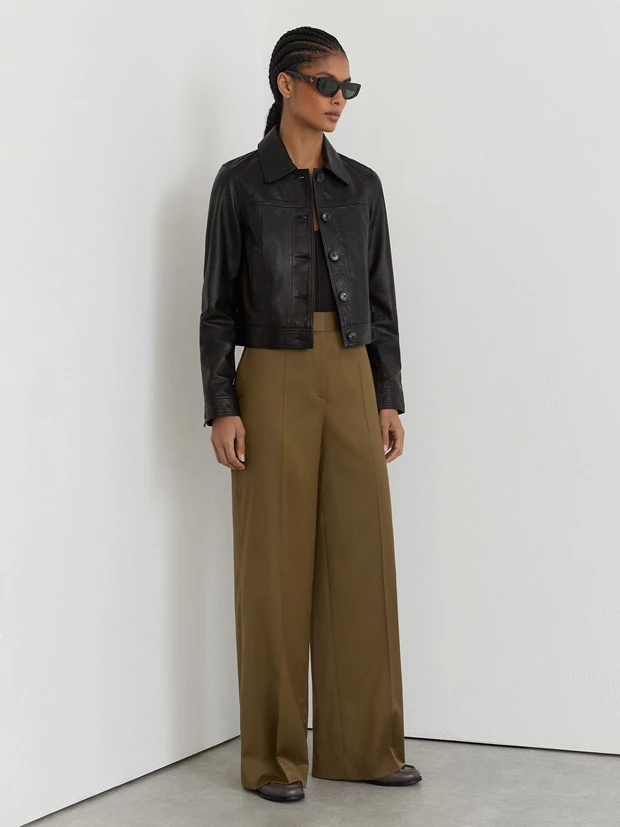 Παντελόνι petite Wool-Blend φαρδιά γραμμή σε χακί χρώμα, REISS.