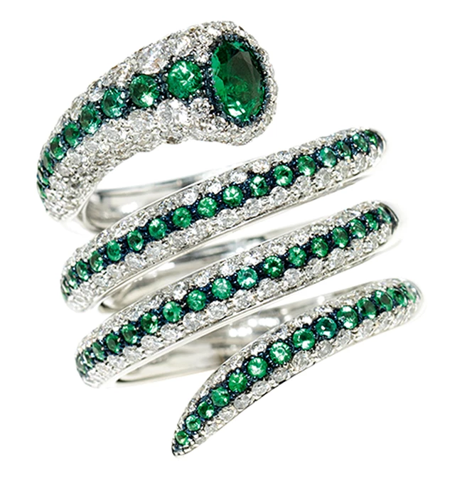 Δαχτυλίδι από λευκό χρυσό 18Κ, με διαμάντια και σμαράγδια, Vourakis