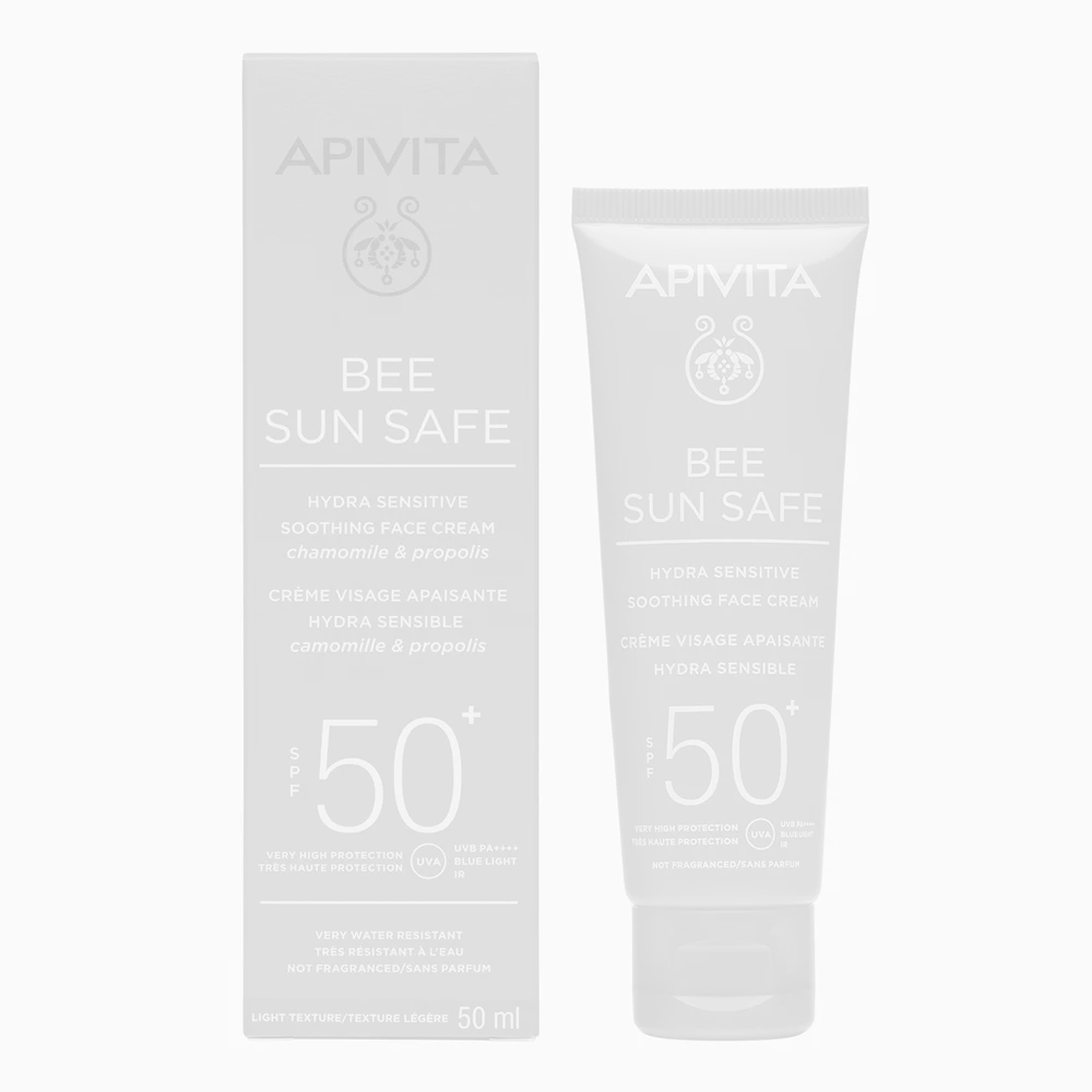 Καραπραϋντική αντηλιακή κρέμα-gel προσώπου, Bee Sun Safe Soothing Face Cream SPF50, Apivita (στα φαρμακεία)