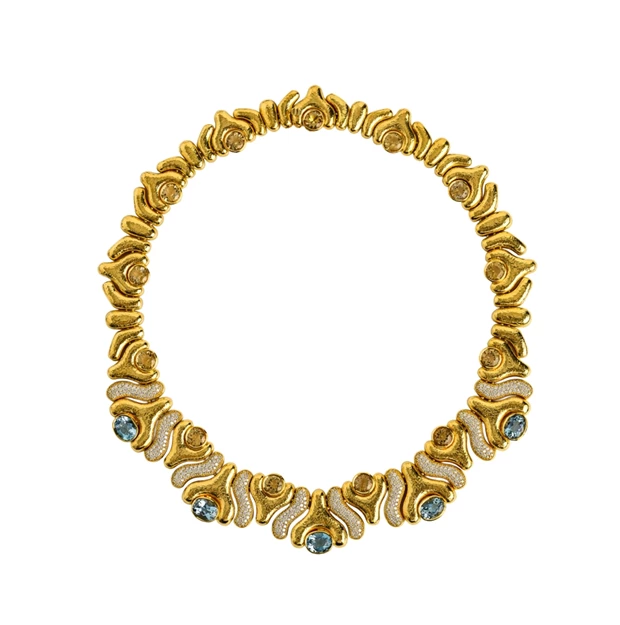 Κολιέ από τη συλλογή Legend από σφυρήλατο χρυσό 22Κ, με διαμάντια, κιτρίνες και ακουαμαρίνες, ZOLOTAS.