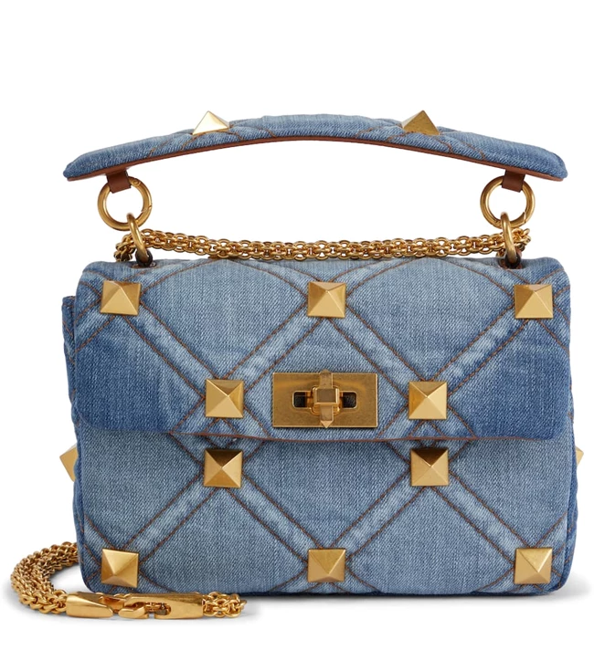 Roman Stud denim shoulder bag, Valentino Garavani.