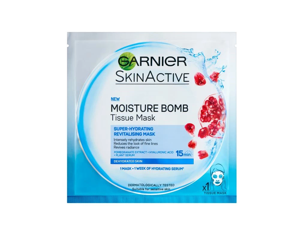 Μάσκα ενυδάτωσης με υαλουρονικό οξύ και εκχύλισμα ροδιού, Skin Active Moisture Bomb Mask, Garnier