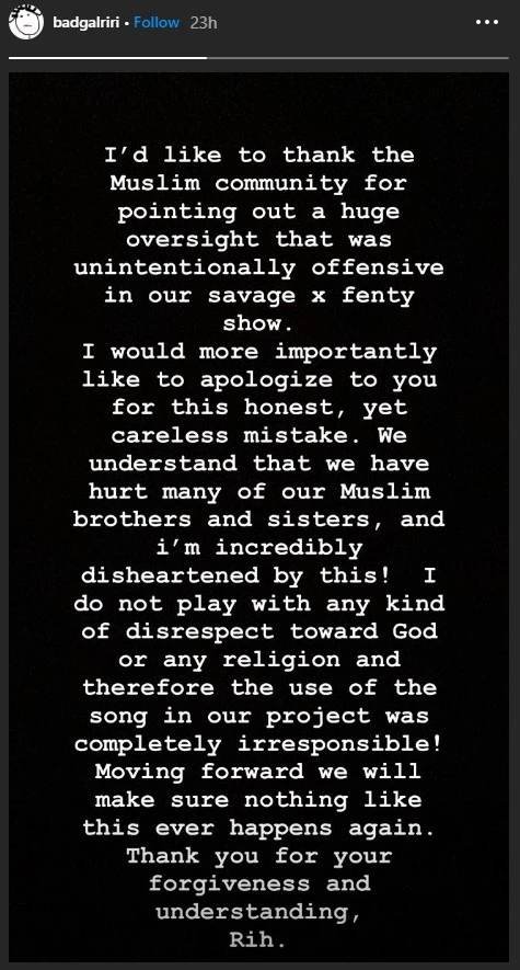 Η Rihanna απολογείται για τους ιερούς στίχους που ακούστηκαν στο show Savage x Fenty Vol. 2