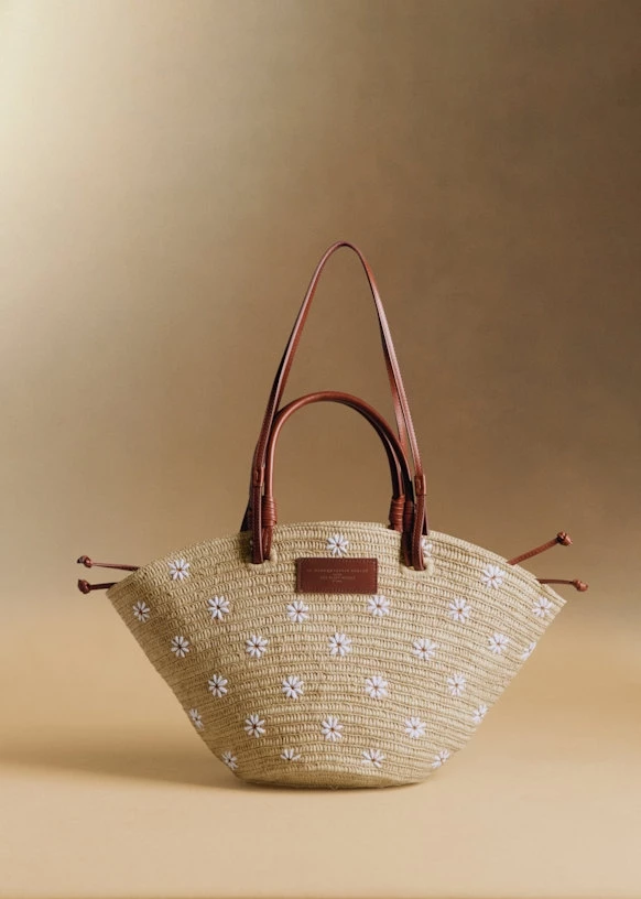 Justine basket bag with embroidered flowers, Sézane.