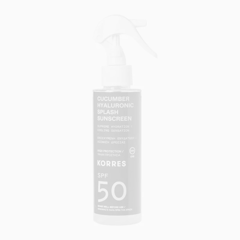 Διφασικό αντηλιακό με υαλουρονικό οξύ και αγγούρι, Cucumber & Hyaluronic Splash Sunscreen SPF50, KORRES (στα φαρμακεία)