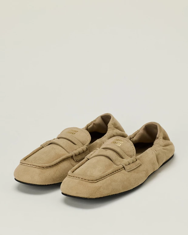 Ruched suede penny loafers Miu Miu, luisaworld.com.