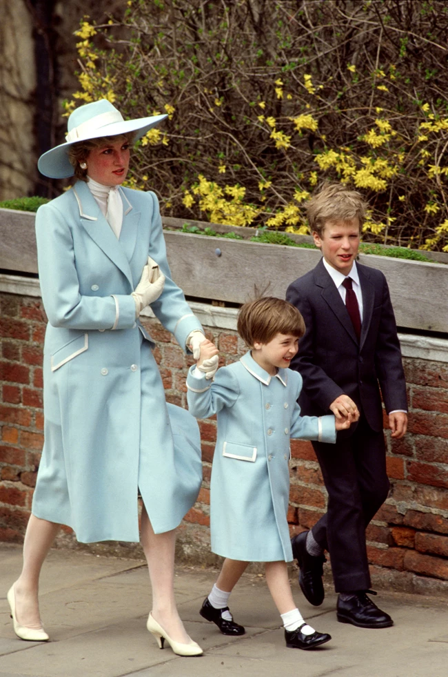 Diana, Princess Of Wales, With Her Son, Prince William And Her Nephew, Peter Phillips, Pale Blue Coat Designed By Catherine Walker 1987