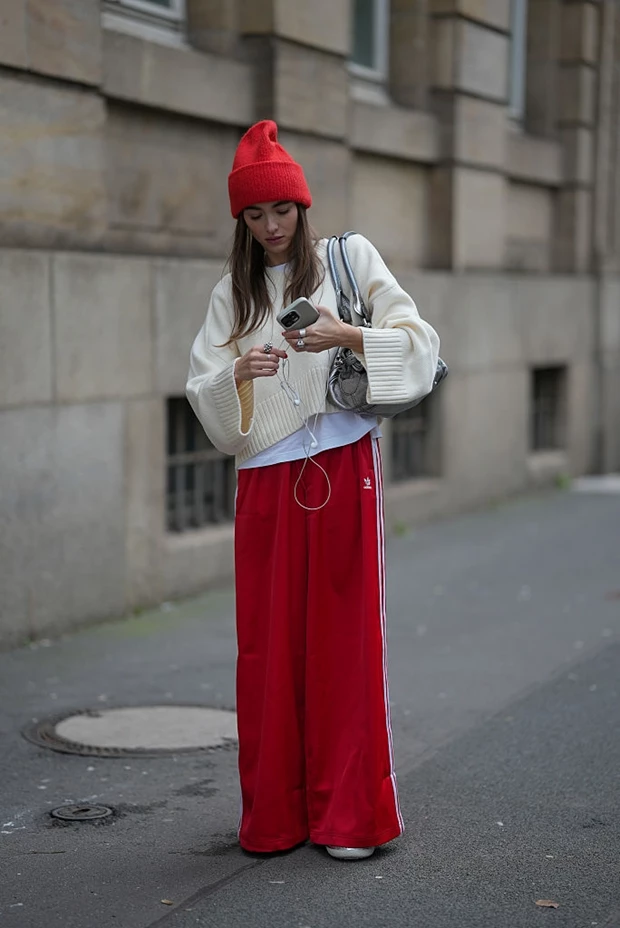 Κόκκινη αθλητική φόρμα με ρίγες, cropped πλεκτό και beanie.