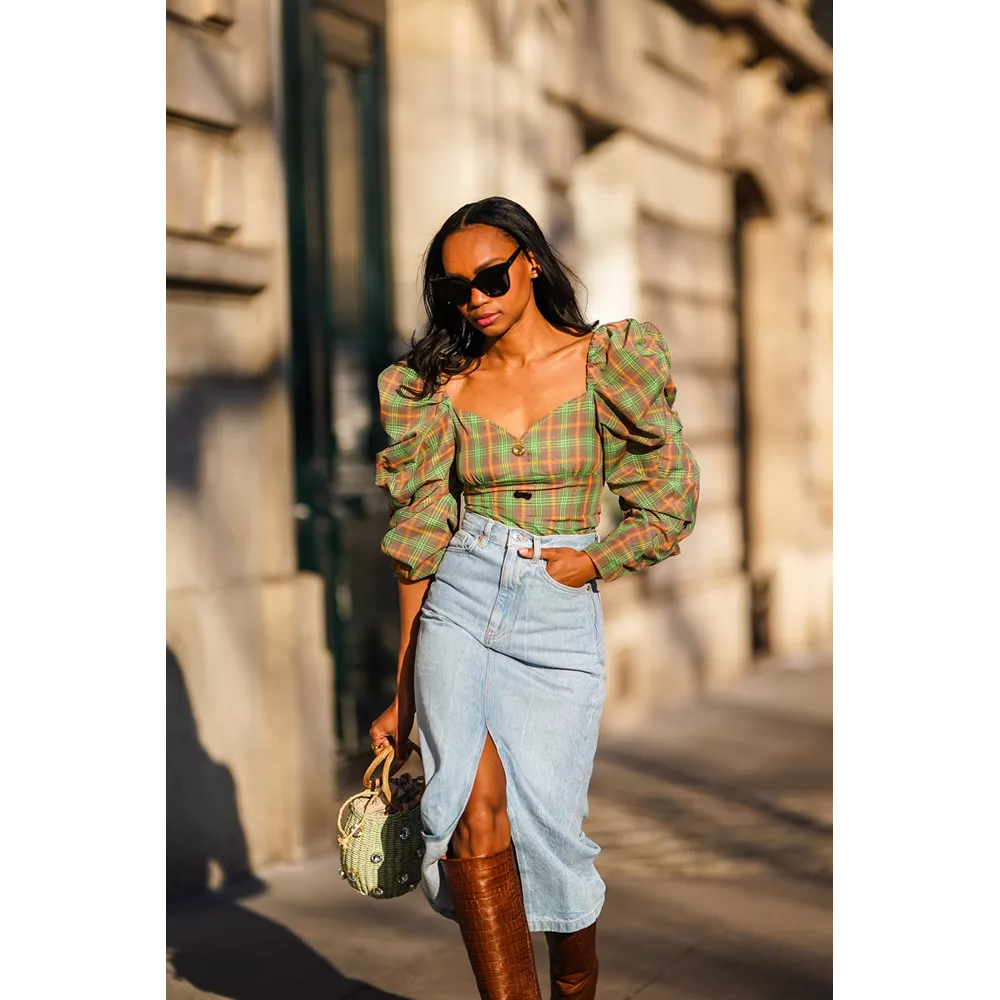Denim φούστα + puff sleeve μπλούζα