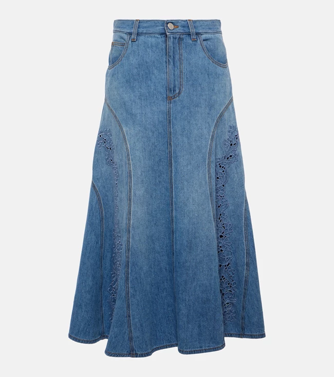 Denim μίντι φούστα με κέντημα, Chloé.